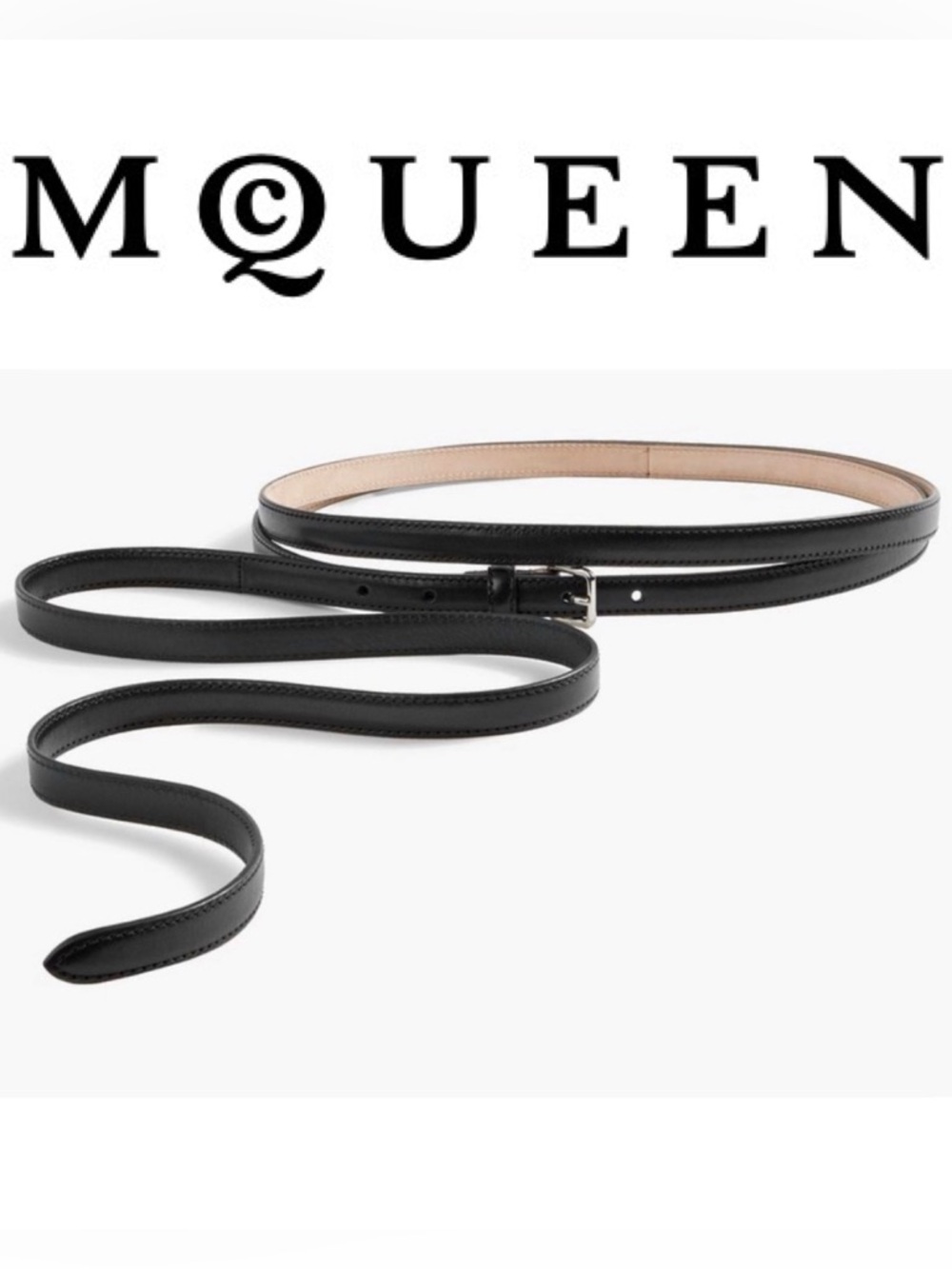 NWT Alexander McQueen Black Slim Leather Wrap Belt with Silver Buckle